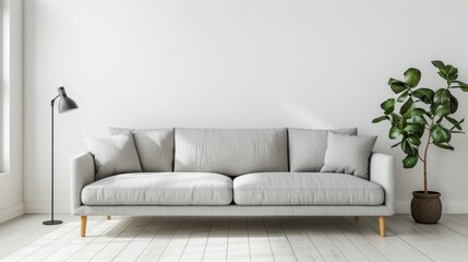 There is a sofa and lamp with white wall backgrounds in this bright and cozy modern living room interior.