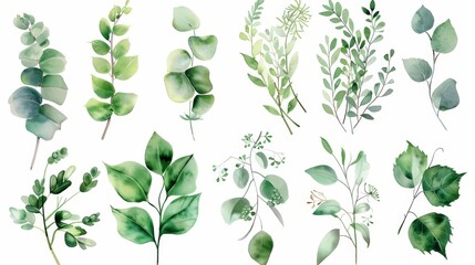 This watercolor illustration collection features eucalyptus, olives, and green leaves for wedding stationary, greetings, wallpapers, fashion, and background.