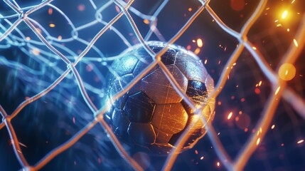 Soccer ball bounced into the goal. Soccer ball bends the net against the background of flashes of light. Soccer ball in goal net on blue background. A moment of happiness. 3D illustration.