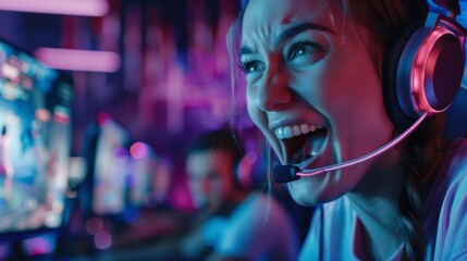 A young female gamer playing on a computer. She is wearing headphones and taking part in the PvP tournament. She is wearing earphones and talking with the team over a microphone.