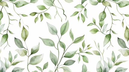 Watercolor floral pattern with green leaves and branches on white background, ideal for wrappers, wallpapers, postcards, greeting cards, wedding invitations and romantic events.