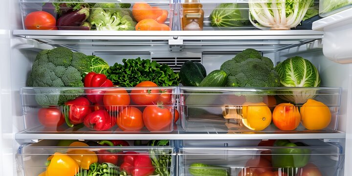 refrigerator filled with lots of different types of vegetables and fruits in containers on the shelves