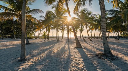 Obraz premium Sunset through Palm Trees on a Sandy Beach