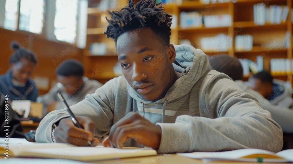 Poster in an adult education course, young black men learn new skills in a classroom while reading textbook