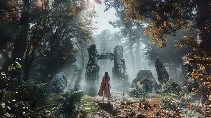 This is a rendering of a video game mock-up screen showing the gameplay of a 3D Fantasy Role Playing Game set in Misty Magical Forest. The female protagonist is facing danger, fighting monsters and