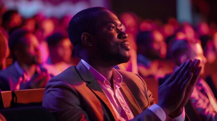 Attending a tech conference with crowds. Black businessman listening to keynote. Specialists watching innovative presentations.