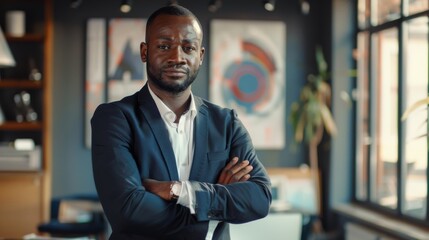 Fototapeta premium African American Male Entrepreneur Pitching An Innovative Startup Idea To Diverse Audience Of Investors At International Business Conference.