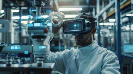 A researcher and designer wearing a virtual reality headset controls settings on an industrial machine at a factory facility. The digital hologram shows the scanning process in action.