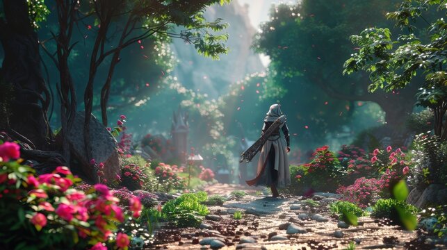 Mockup Scene: Play the game in 3D. The player controls the female protagonist on an adventure. She fights enemies, and solves puzzles and quests in a magical forest.
