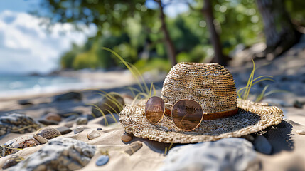 Stylish Summer Vacation: Beach Scene with Vintage Hat and Sunglasses on Sandy Shore