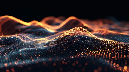 Flow of particles. Cyber technology illustration. Three dimensional rendering. Abstract wave with moving dots and lines.