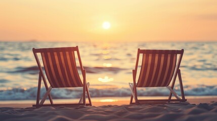 Sunset Beach Chairs. Relaxed Coastal Scene with Tranquil Ocean Waves and Climate Reflection