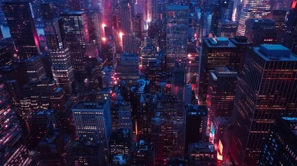 New York City skyscrapers, illumination, advertising billboards, high angle aerial photo shot from an aircraft.