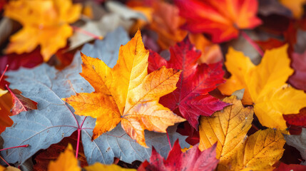 A close-up of fallen autumn leaves in various shades of yellow, orange, red, and brown.