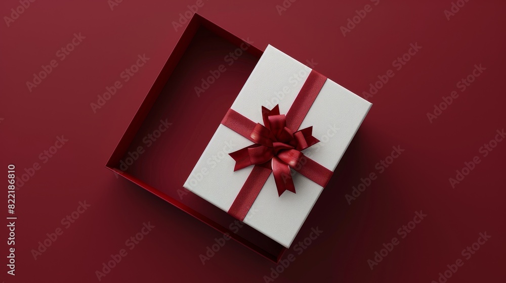 Poster isolated on dark red background with shadow minimal conceptual rendering of a white gift box tied wi