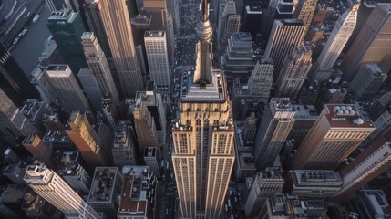 The Empire State Skyscraper is shown in this panoramic aerial shot from the top. The helicopter view shows the top deck observation platform with tourists as well as the rooftop observatory.