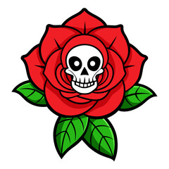 Cartoon of Art piece of a red rose in full bloom with a skull at its core, surrounded by green leaves on a dark background