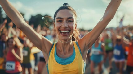This portrait shows an athletic female jogger crossing the finish line of a marathon race with the audience cheering her on. This happy woman feels empowered by her victory.