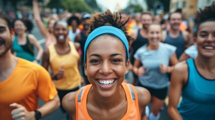 Runners Reaching the Finish Line of a City Marathon with smiles and celebrations. Wide shot of numerous runners reaching the finish line.