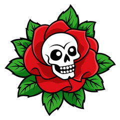 Cartoon of Art piece of a red rose in full bloom with a skull at its core, surrounded by green leaves on a dark background