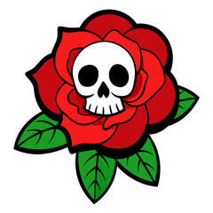 Cartoon of Art piece of a red rose in full bloom with a skull at its core, surrounded by green leaves on a dark background