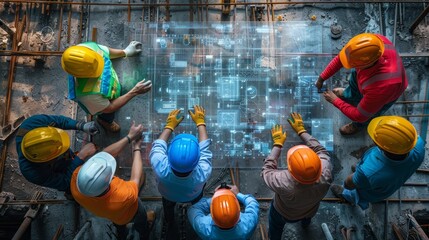 Group of construction workers discussing building plans at a construction site