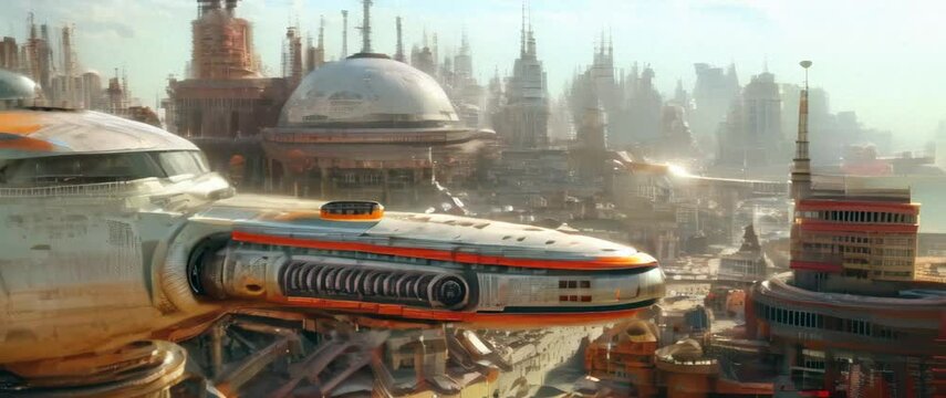 AI-generated panoramic sci-fi train station with futuristic monorail and cityscape, digitally created advanced transportation hub blending modern architecture with golden sunset atmosphere - Anamorphi