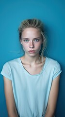 Blue background sad european white Woman realistic person portrait of young beautiful bad mood expression Woman Isolated on Background depression anxiety fear burn