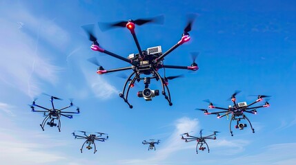 a drone swarm, including a small UAV, as they gather intelligence in flight.
