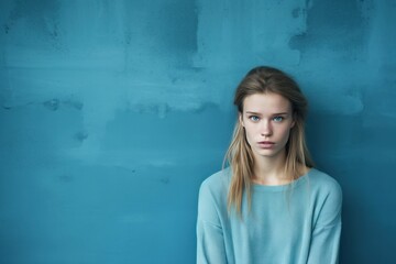 Blue background sad european white Woman realistic person portrait of young beautiful bad mood expression Woman Isolated on Background depression anxiety fear burn