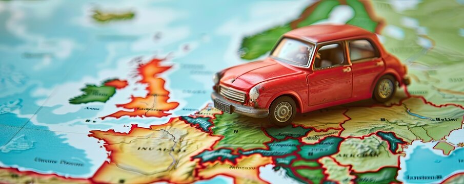 Toy Car on Detailed Map of Europe: Conceptualizing Road Trips and Travel Adventures Across the Continent
