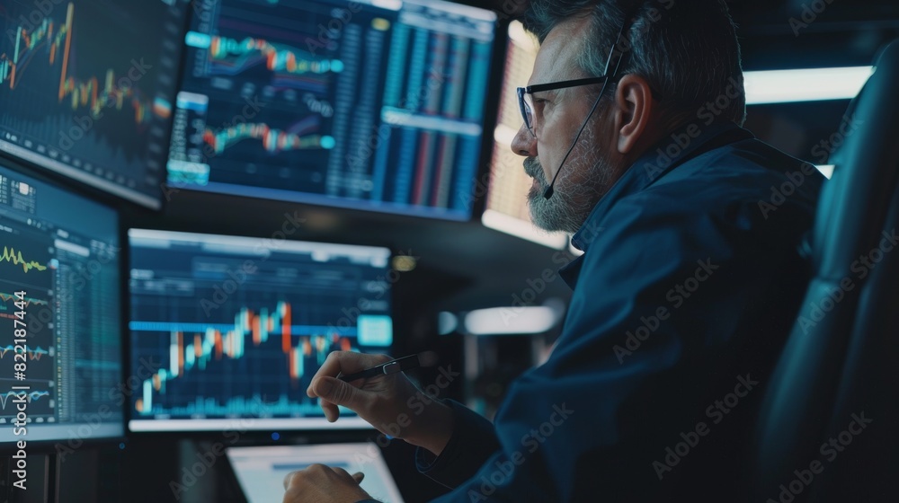 Poster the image depicts a professional using a computer with multiple screens, monitoring financial market