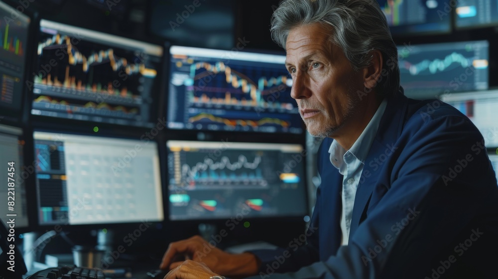 Poster an elderly stock exchange broker is working on a computer with a multi-screen workstation showing st