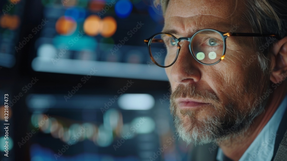 Poster the image shows a professional stock broker looking at the computer screen, communicating with a cli