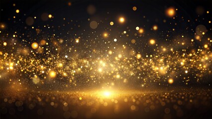 Naklejka premium Golden Particles: Glowing golden particles dispersed on a dark background, creating a luxurious and elegant abstract effect. 