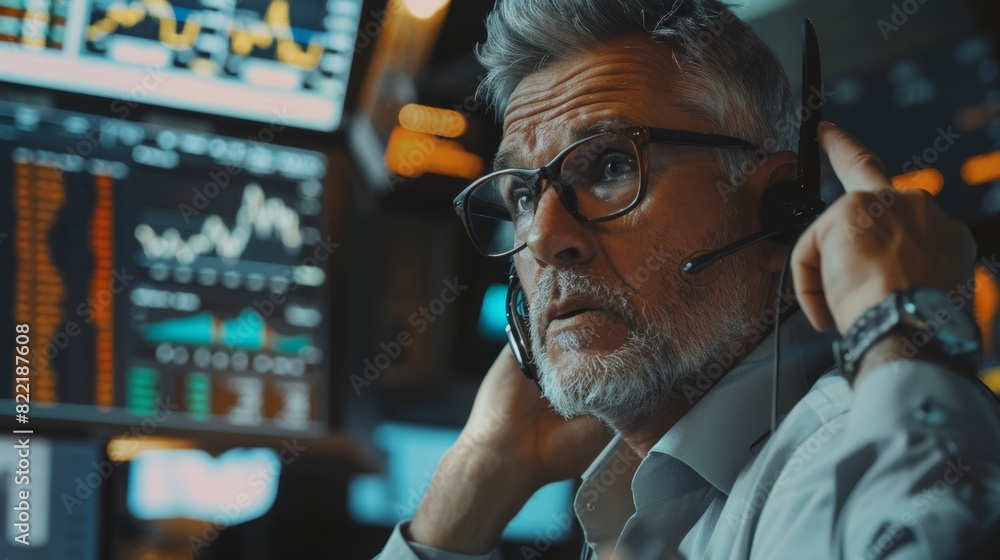 Poster professional middle aged trader communicating buy and sell orders on a phone call and showing hand s
