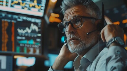 Professional Middle Aged Trader Communicating Buy and Sell Orders on a Phone Call and Showing Hand Signals to an Arbitrage Broker.