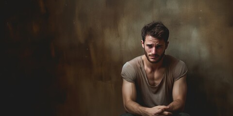 Bronze background sad european white man realistic person portrait of young beautiful bad mood...