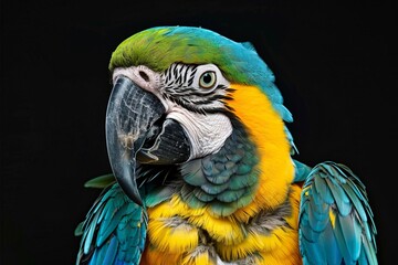 Fototapeta premium Close up of a colorful parrot with a black background tropical macaw in its natural environment