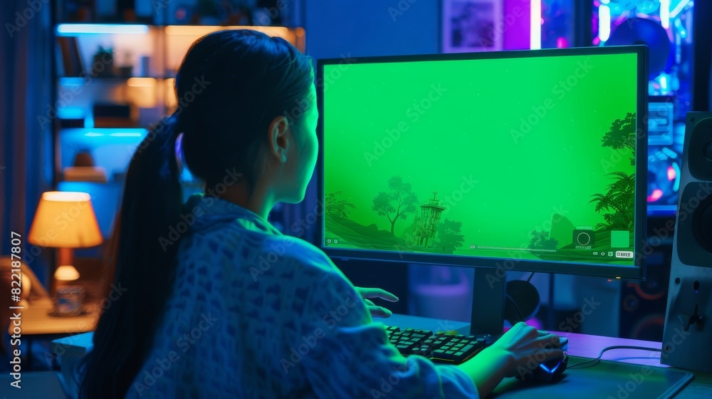 Poster female asian video game programmer coding on desktop computer with green screen chromakey displayed 