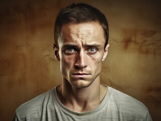 Bronze background sad european white man realistic person portrait of young beautiful bad mood expression man Isolated on Background depression anxiety fear burn 