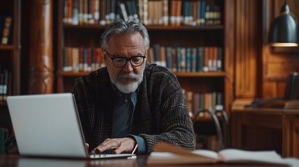 The expert teacher is using a laptop computer in a library; he is preparing lectures for college students, checking exams, browsing the Internet, and doing research for his class.