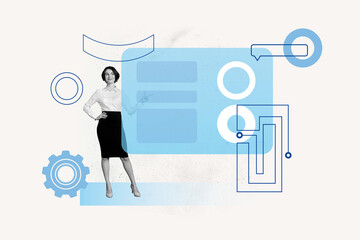 Composite artwork collage of blue color interface stats diagram web page project manager young lady hand finger point gesture show result