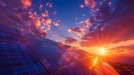 Desert solar panels at sunset, vibrant dramatic sky, capturing renewable energy, breathtaking sunlit scene