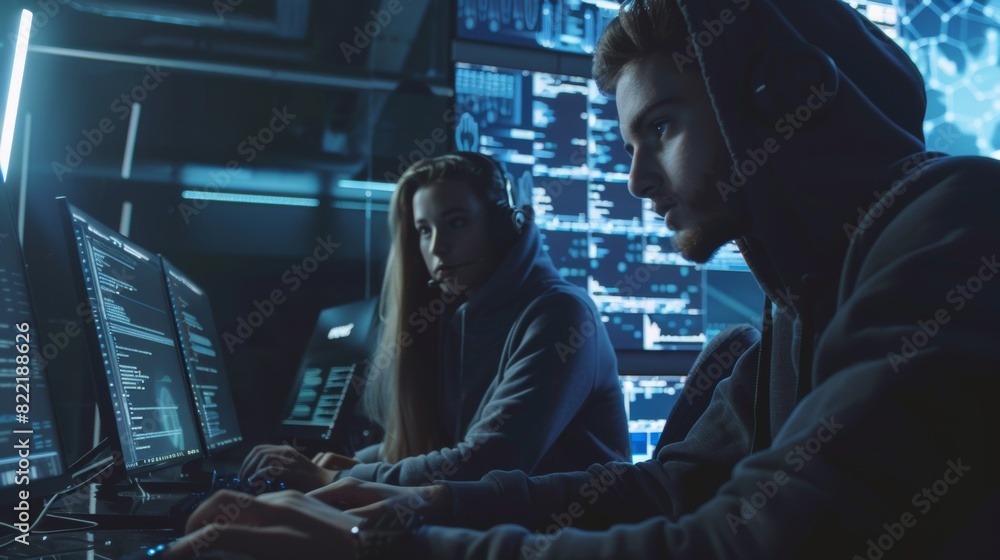 Poster a group of boy and girl hackers organize an advanced virus attack on corporate servers. they both wo