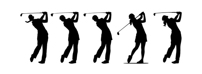 A set of golfer sports people playing golf in various poses. vector silhouette of men and women golf player collection. Golf different silhouettes on white background