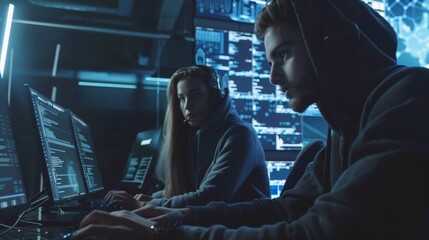 Fototapeta premium A group of Boy and Girl Hackers organize an advanced virus attack on corporate servers. They both work together. The environment is dark and has multiple monitors.