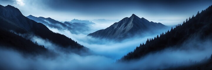blue fog on mountain dark background from Generative AI