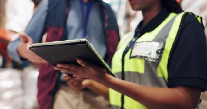 Tablet, mentor and person in warehouse for planning, blueprint and inspection for supply chain. Logistics officer, factory and hands with tech for shipping, cargo or manufacturing and ecommerce