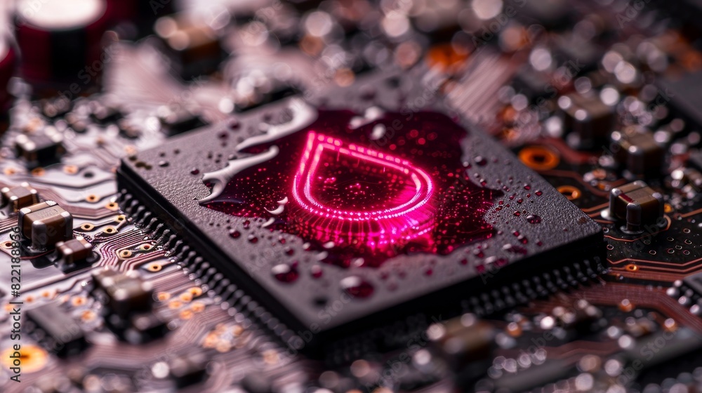 Poster close-up of a wet microchip on a circuit board with pink lighting. high-tech hardware damp and detai